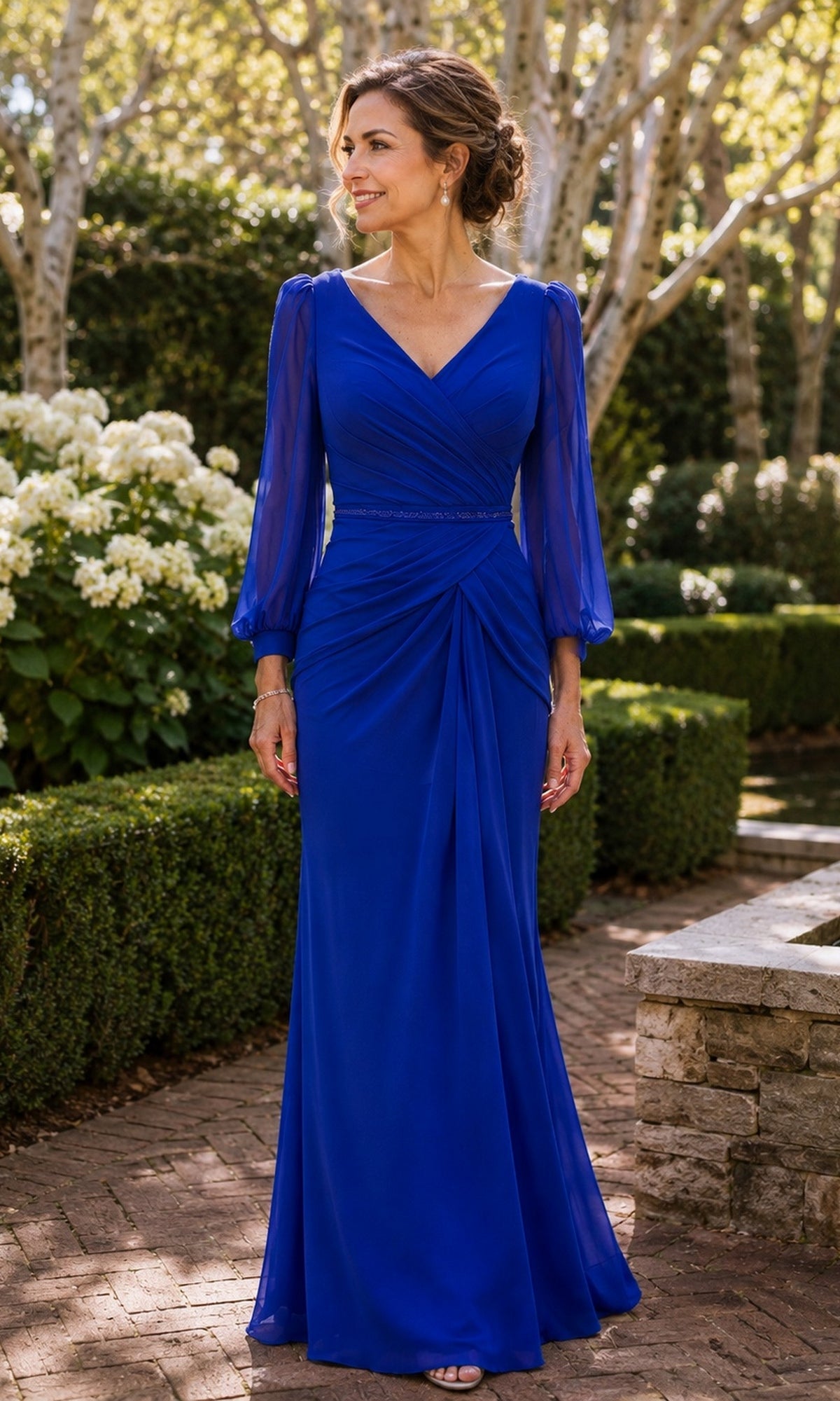 A woman wears a royal Sheer Sleeve Ruched Chiffon Formal Dress: Rina Di Montella R101, a floor-length dress featuring sheer long sleeves, a V-neckline, and a ruched waist.